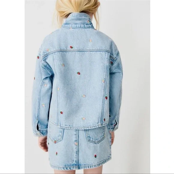 Zara Kids Embroidered Strawberry Denim Overshirt and Skirt Bundle